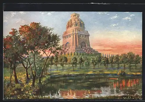 AK Leipzig, Völkerschlachtdenkmal, Blick vom Teich
