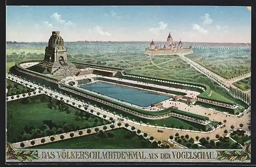 AK Leipzig, Völkerschlachtdenkmal, Gesamtansicht aus der Vogelschau