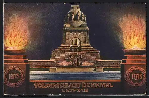AK Leipzig, Völkerschlachtdenkmal mit Feuerschalen