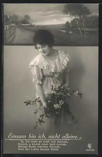 Foto-AK GL Co Nr. 5070 /5: Einsam bin ich, nicht alleine, Dame mit Blumenstrauss