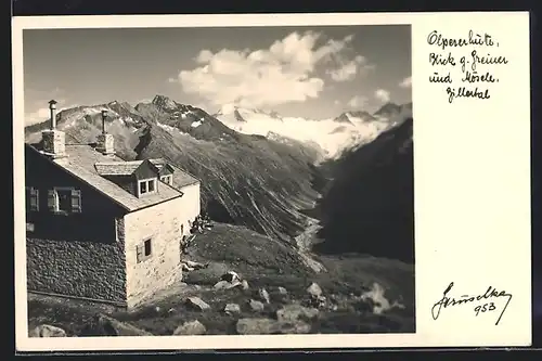 Foto-AK Hans Hruschka Nr. 953: Olpererhütte, Blick gen Greiner & Mösele, Zillertal