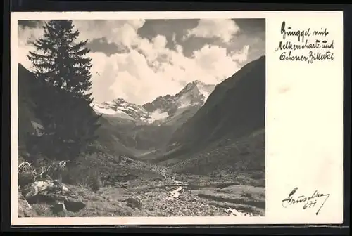 Foto-AK Hans Hruschka Nr. 611: Gunggel mit Melkenscharte im Zillertal