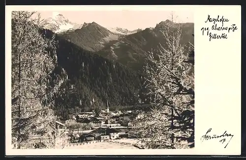 Foto-AK Hans Hruschka Nr. 17: Mayrhofen /Zillertal, Ortsansicht aus der Vogelschau