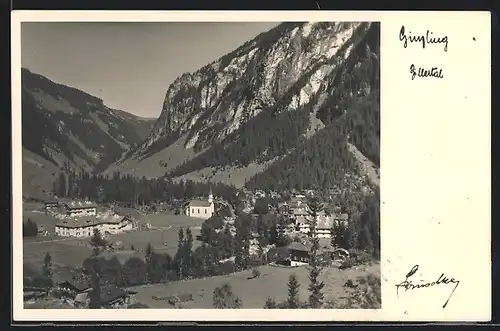 Foto-AK Hans Hruschka: Ginzling /Zillertal, Ortsansicht aus der Vogelschau