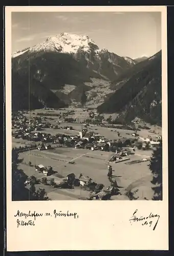 Foto-AK Hans Hruschka Nr. 9: Mayrhofen, Ortsansicht mit Grünberg, Zillertal