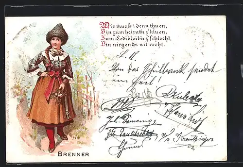 Lithographie Frau in Tracht aus der Brenner-Region
