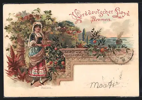 Lithographie Italienische Frau in Tracht mit Wein