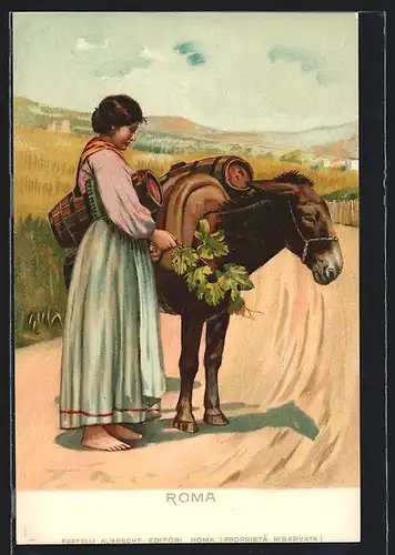 AK Italienische Bäuerin in volkstypischer Tracht mit einem Esel unterwegs