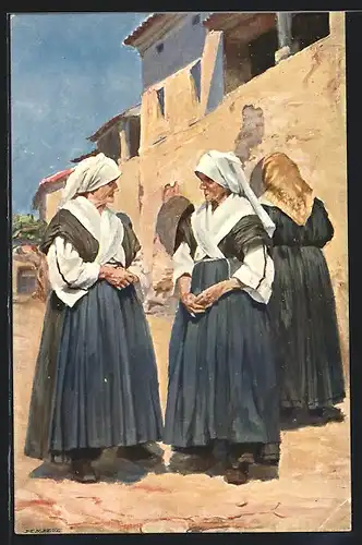 Künstler-AK Borst bei Triest, Alte Frauen unterhalten sich