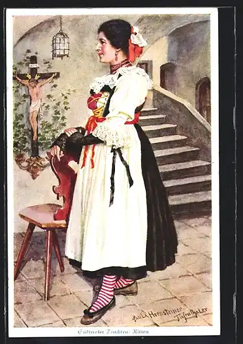 Künstler-AK Ritten, tirolerin in Südtiroler Tracht vor Jesuskreuz