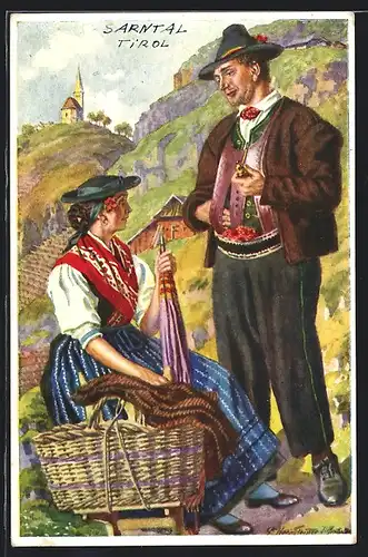 Künstler-AK Italienisches Paar in Tracht bei der Rast