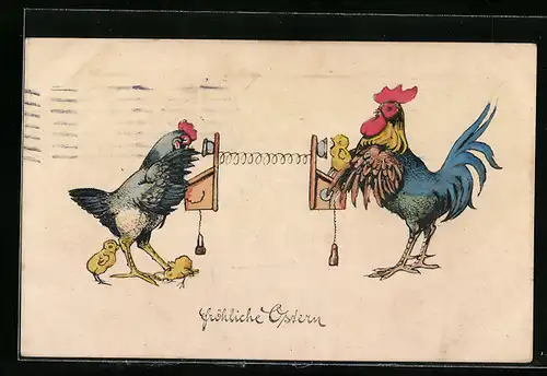 AK Hahn und Henne mit Osterküken