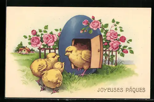 AK Osterküken in einem Eierhaus