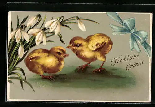 AK Osterküken mit Schneeglöckchen und Schleife