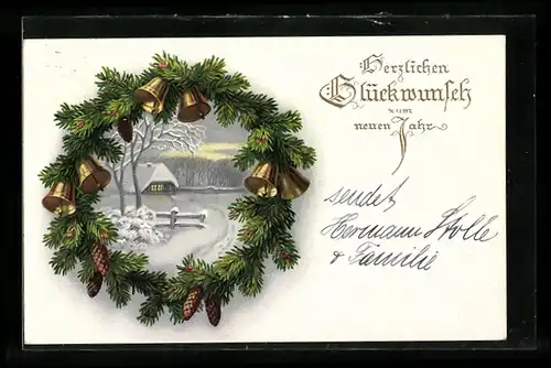Künstler-AK Kranz aus Tannenzweigen mit Tannenzapfen und Glocken