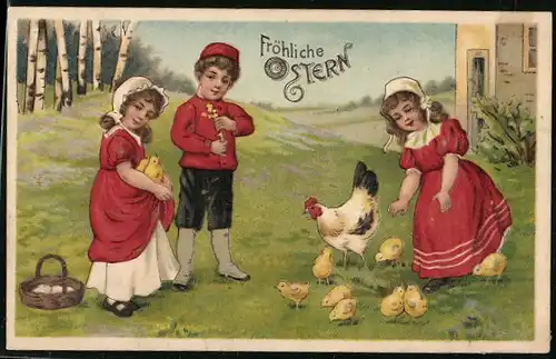 AK Kinder mit Osterküken und Huhn