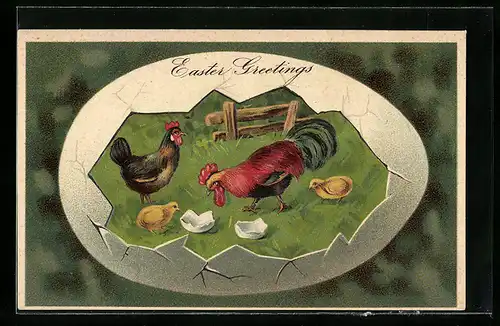 AK Osterei mit Hühnern und Osterküken