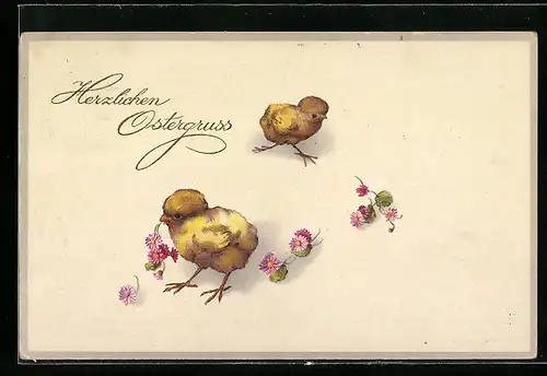 AK Osterküken mit Blüte im Schnabel