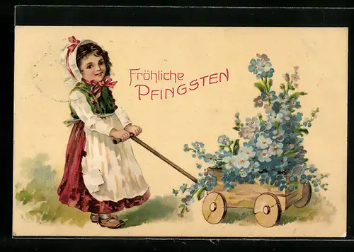 AK Mädchen mit Karren voller Vergissmeinnicht