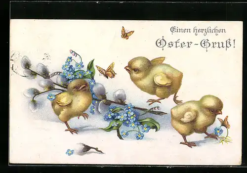 AK Osterküken mit Vergissmeinnicht