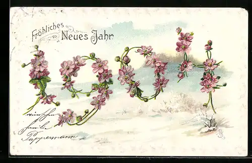 Präge-AK Neujahrsgruss, Jahreszahl 1904 aus Blüten, Schweinchen im Rahmen