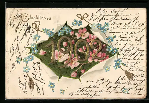 AK Jahreszahl 1902, Blumenblüten und Kordel mit Vergissmeinnicht