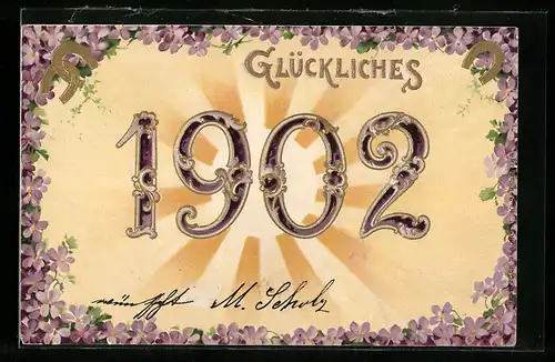 AK Jahreszahl 1902 mit Veilchen und aufgehender Sonne