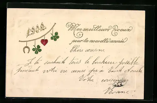 AK Jahreszahl 1902 mit Kleeblättern und Herz-Anhängern