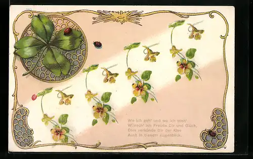 AK Kleeblatt mit Blumen und Marienkäfern