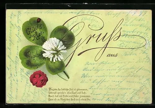 Lithographie Kleeblatt mit Blüte und Siegel