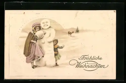 AK Mutter und Kind mit Schneemann