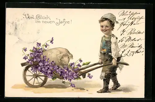 AK Knabe mit Schwein im Karren - Neujahrsgruss