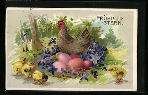 AK Huhn mit Ostereiern und Osterküken