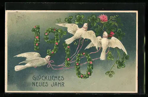 AK Jahreszahl 1910 aus Kleeblättern mit Tauben