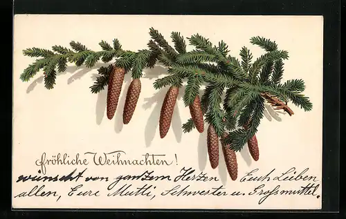 AK Tannenzweig mit Tannenzapfen zu Weihnachten