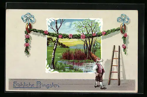 AK Zwerg mit Girlande und idyllischer Landschaft