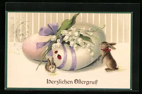 AK Osterhasen neben Ostereiern
