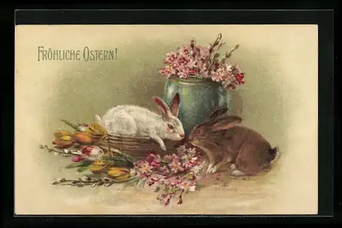 AK Osterhasen mit Blumen
