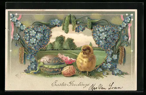 AK Osterküken mit Vergissmeinnicht und Ostereiern
