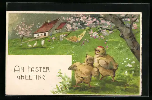 AK Osterküken erblicken einen Schmetterling