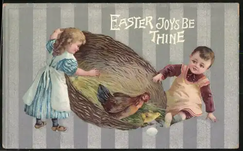 AK Kleine Kinder neben Osternest mit Osterküken