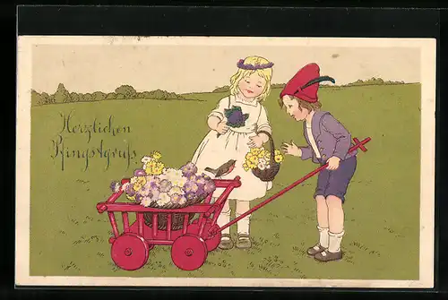 AK Kinder mit Bollerwagen zu Pfingsten