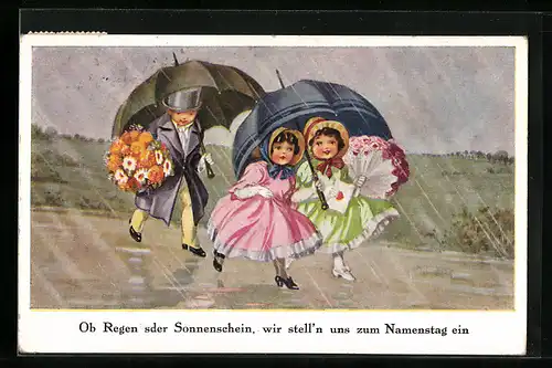 AK Kinder mit Schirmen im Regen zum Namenstag