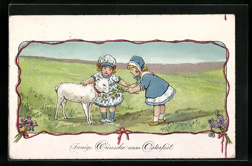 AK Kinder füttern ein Lämmchen