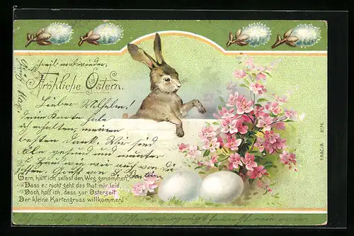 AK Osterhase und Blumen zu Ostern