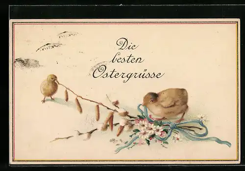 AK Osterküken mit Schleife und Blüten
