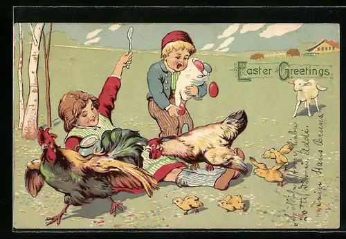 AK Aufgeschreckte Hühner und Osterküken