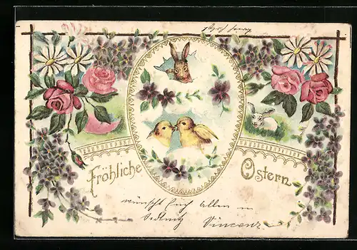 AK Osterhase blickt auf Osterküken