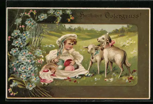 AK Kleines Mädchen mit Ostereiern und Lämmlein, Ostergruss