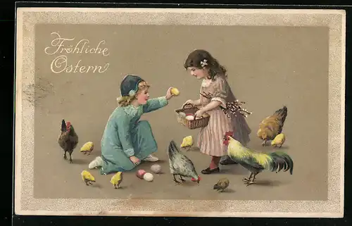 AK Kinder sammeln Ostereier neben Osterküken ein